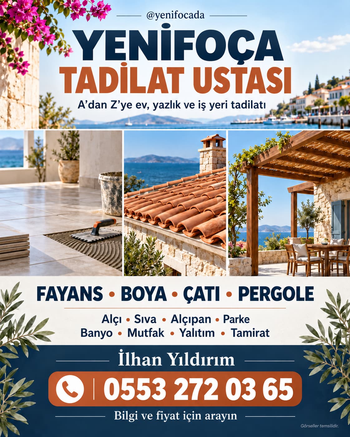 Yenifoça tadilat ustası İlhan Yıldırım’ın fayans, boya, çatı ve pergole hizmetlerini tanıtan ilan.